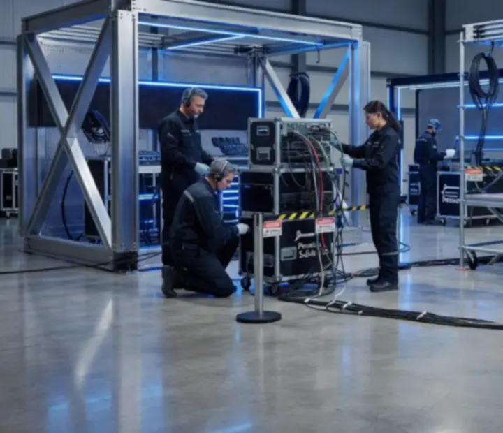 Zespół techników montujący scenę i oświetlenie podczas przygotowania wydarzenia