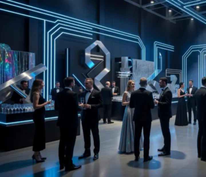 Cyber-neonowa aranżacja sali bankietowej z elegancką scenografią pakietową