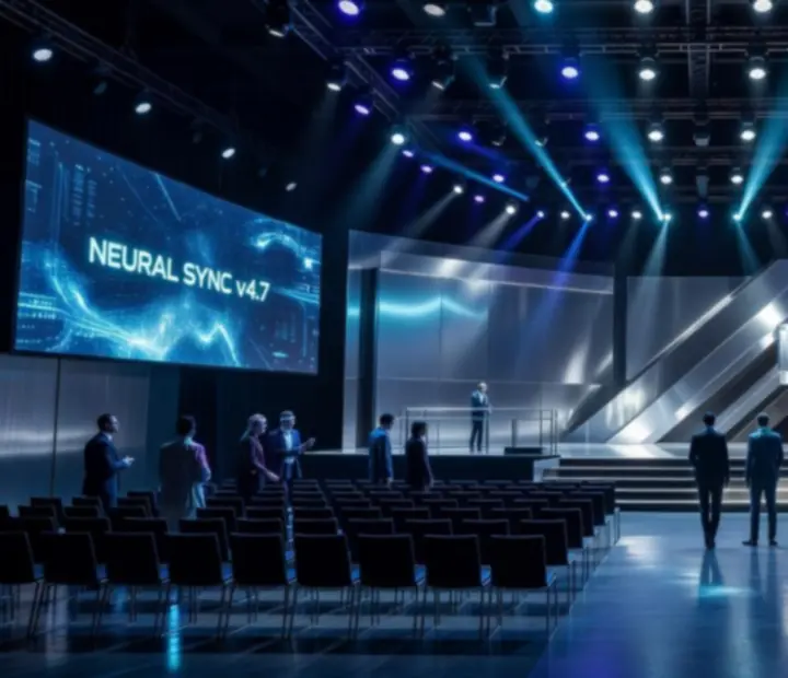Zaawansowana scena eventowa z cyber‑neonowym oświetleniem i wysokiej klasy sprzętem
