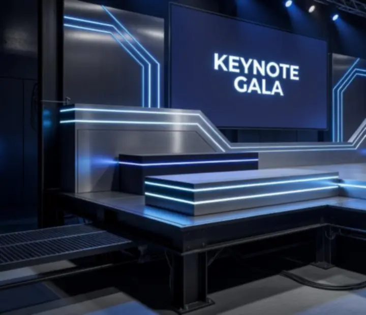 Industrialna scena eventowa z podświetlanymi ekranami i stalową konstrukcją podium