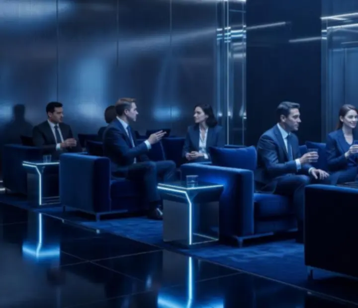 Ekskluzywna strefa lounge VIP z neonową oprawą i wygodnymi miejscami dla gości