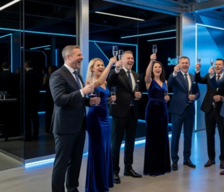 Zespół gości korporacyjnych świętujący podczas nowoczesnej gali w cyber‑neonowej oprawie