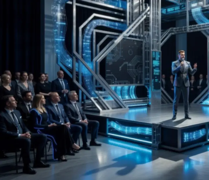 Scena wydarzenia tematycznego z neonową oprawą świetlną i futurystyczną konstrukcją