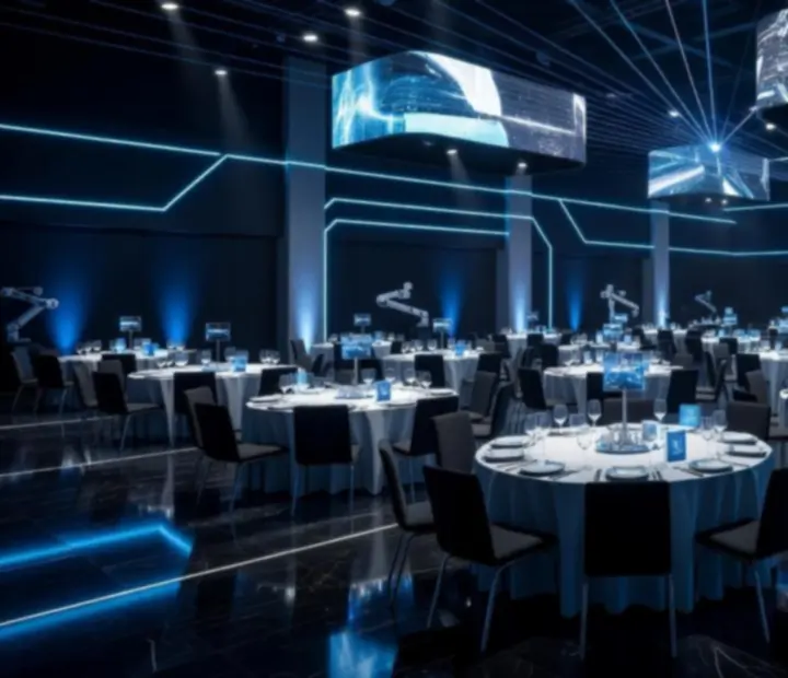 Transformacja przestrzeni eventowej z neutralnej hali w futurystyczną, neonową scenografię